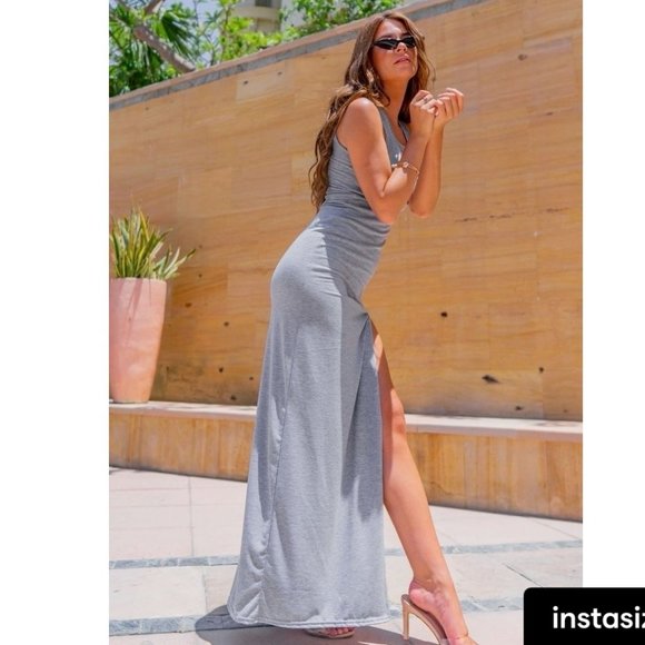 Gray Sleeveless Thigh Slit Bodycon Long Maxi Dress - Picture 5 of 6